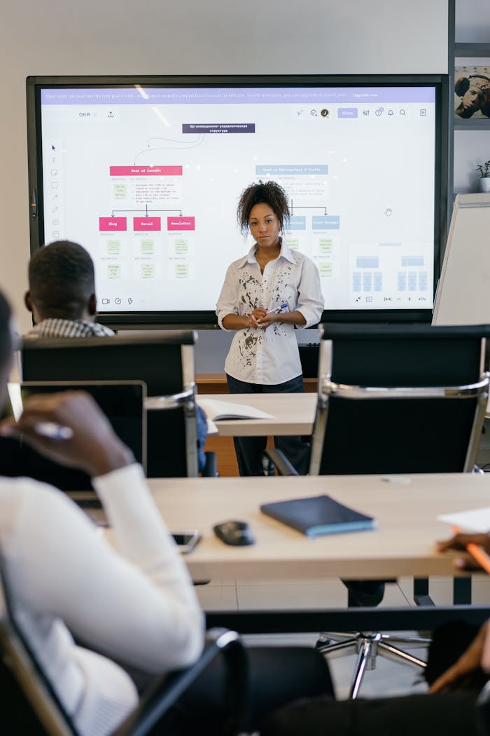 A professional business woman leads a meeting with a diverse team, using a digital display.